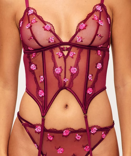 Mesh corset with embroidered flowers;