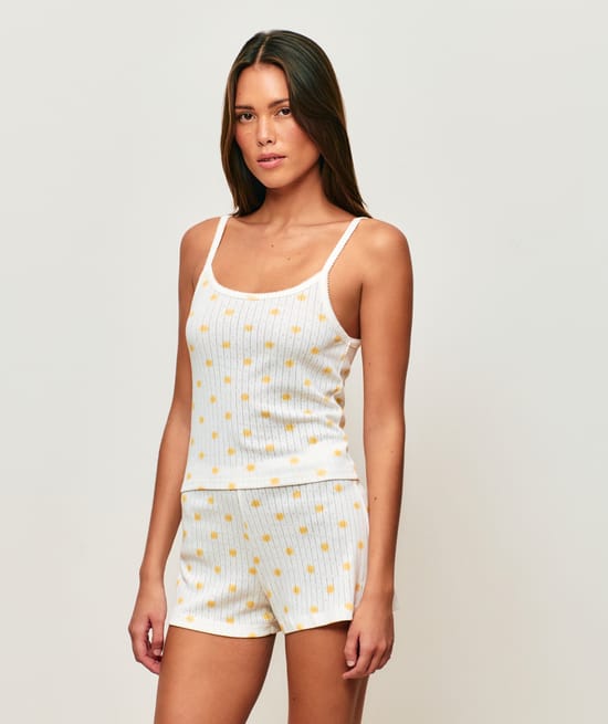 Fine strap tank top in printed lace suns;