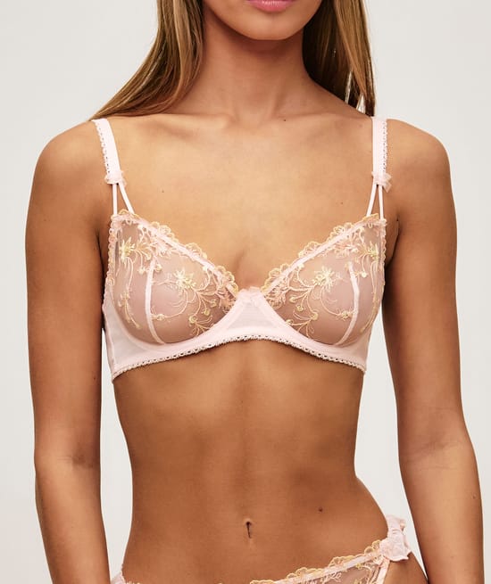 mesh balconette bra with floral embroidery and bows;