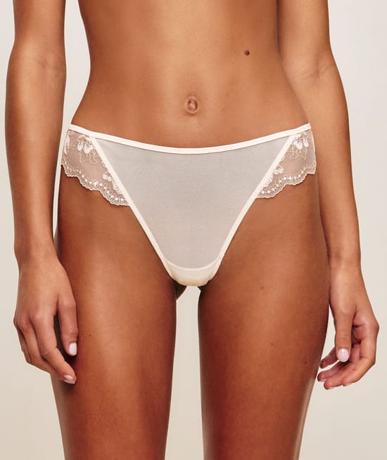 Tanga en mesh avec broderie florale;