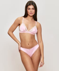 Satin and lace thong with polka dot pattern;