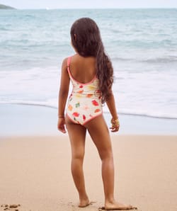 Kids' one-piece swimsuit with fruity and floral pattern;
