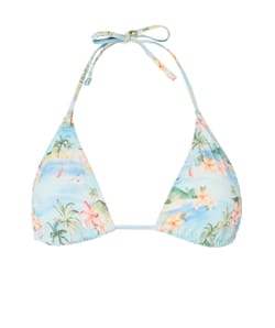 Triangle bikini top with tropical postcard pattern;