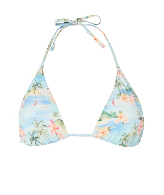 Triangle bikini top with tropical postcard pattern;