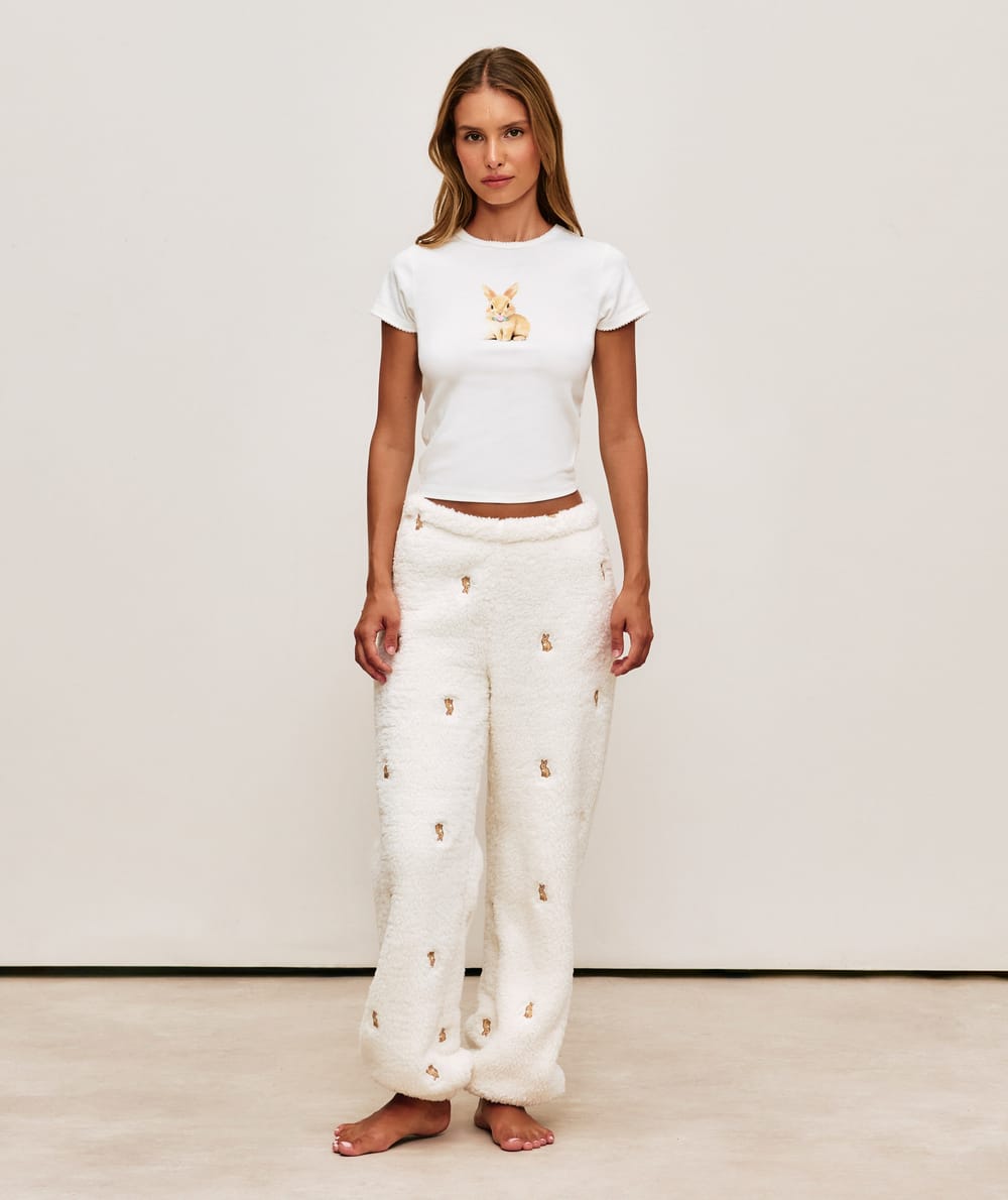 Sherpa fleece pants with bunny embroidery;