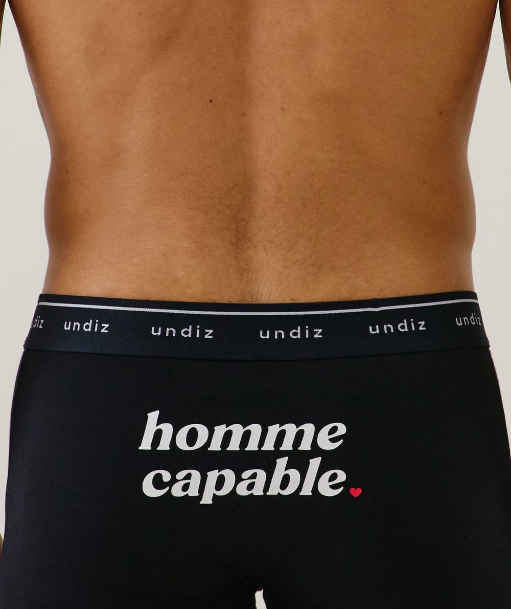 Cotton boxer shorts with the phrase &ldquo;homme capable&rdquo; (capable man);