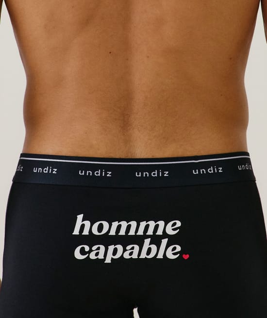 Cotton boxer shorts with the phrase &ldquo;homme capable&rdquo; (capable man);