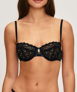 Demi-cup bra in printed polka dot mesh;