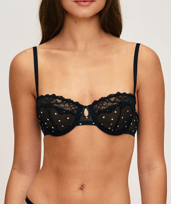 Demi-cup bra in printed polka dot mesh;