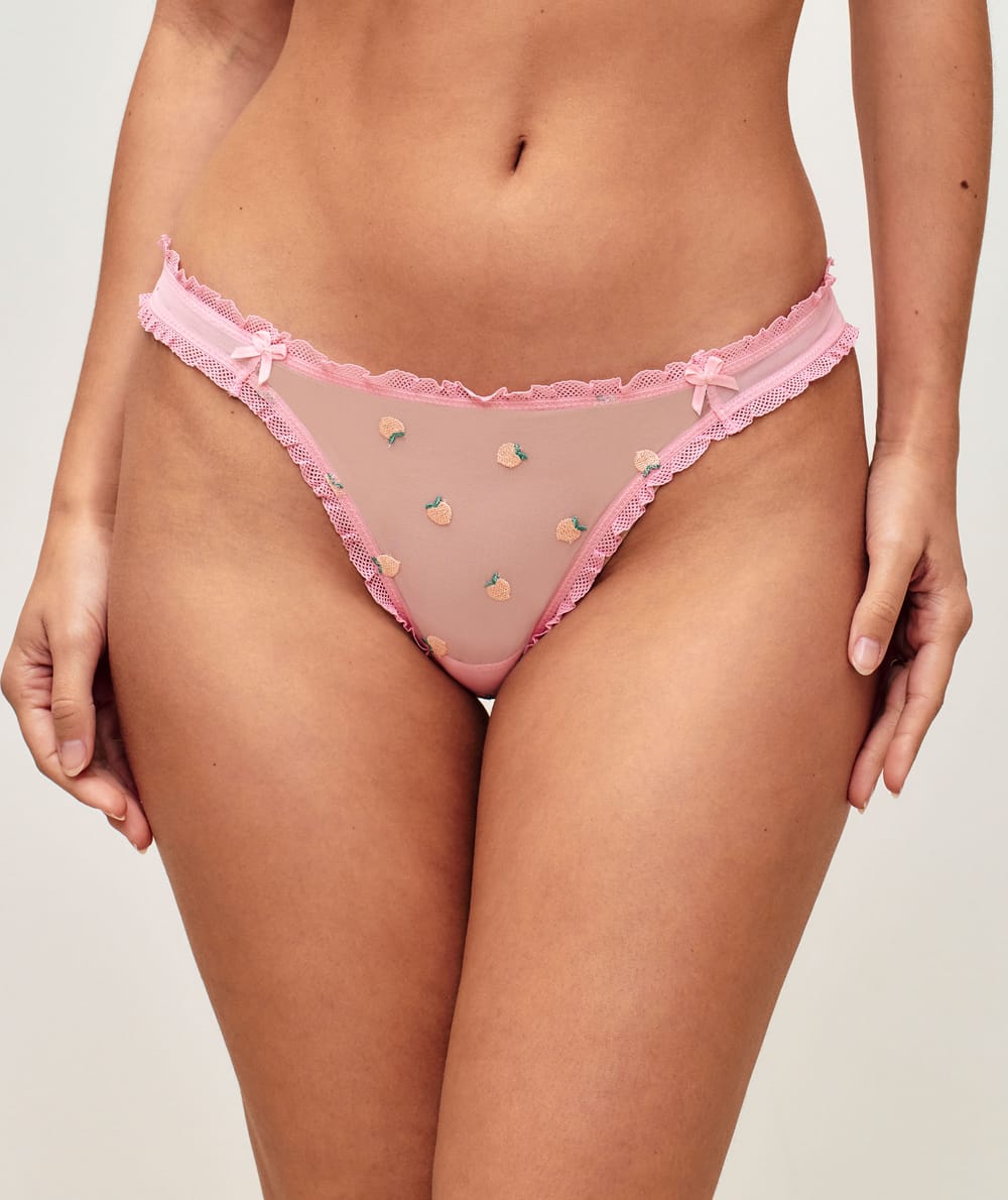 Tulle thong with peach embroidery;