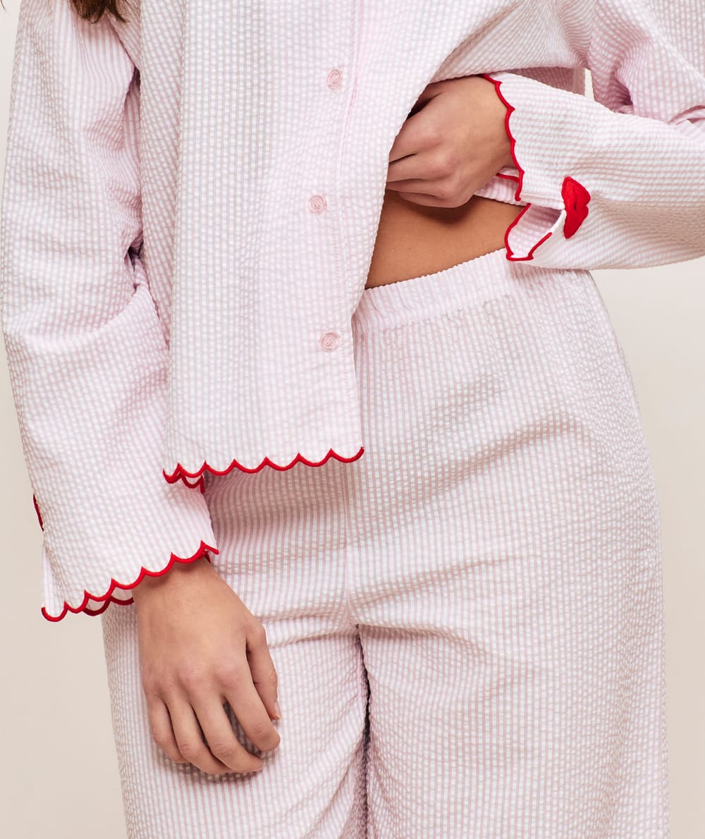 Pantalon droit en coton &agrave; rayures;