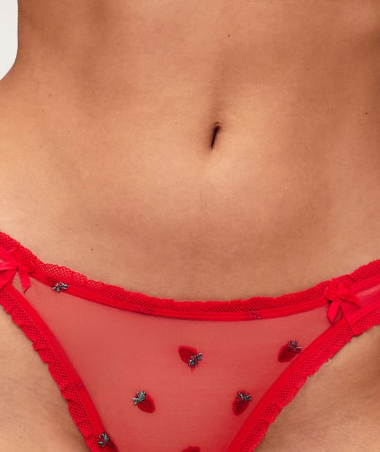 Tulle thong with strawberry embroidery;