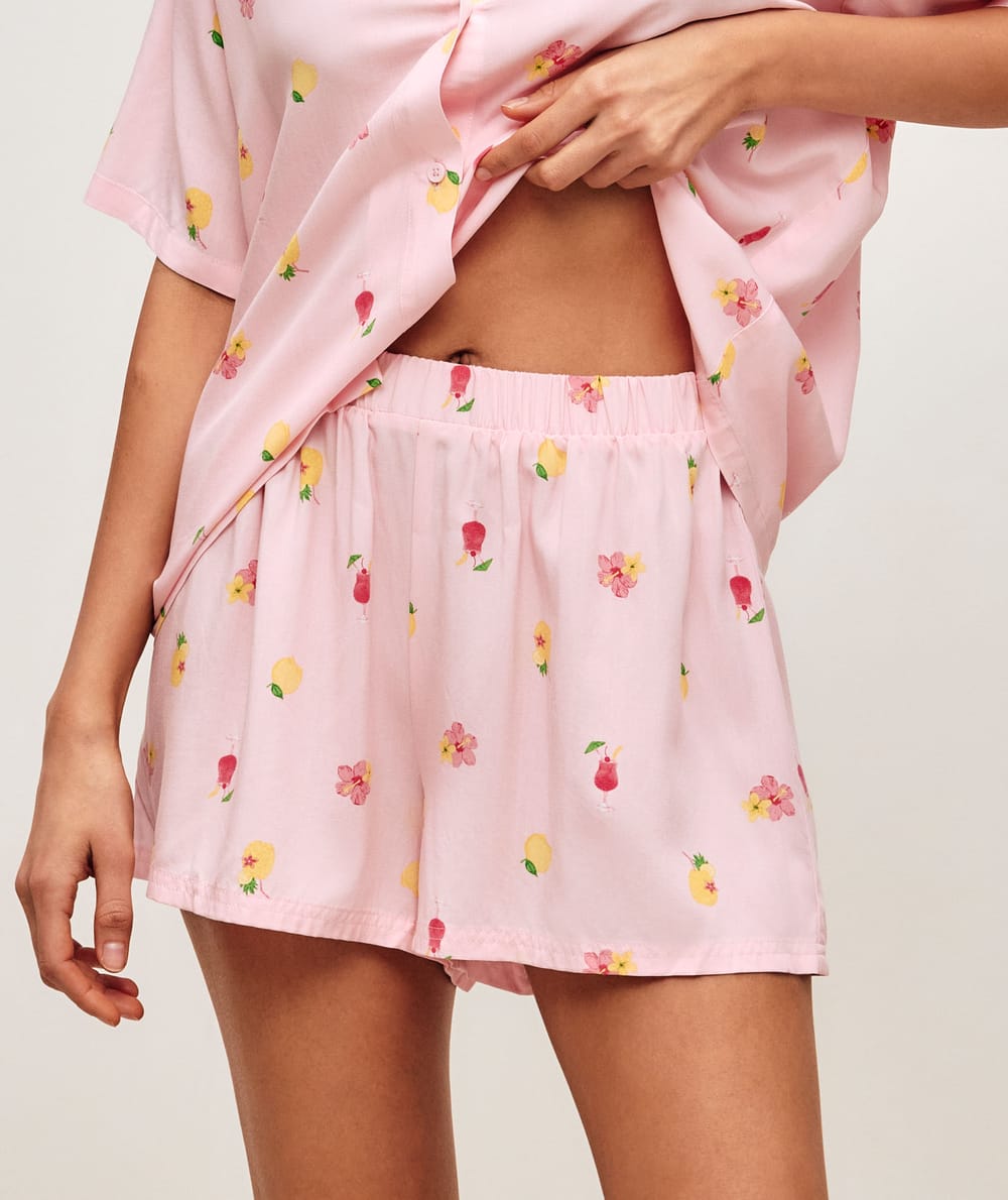 Shirt and shorts set with cocktail, flower, and lemon patterns;