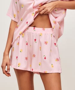 Shirt and shorts set with cocktail, flower, and lemon patterns;