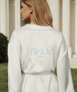 Satin kimono with tie belt and Bride embroidery;