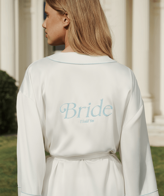 Satin kimono with tie belt and Bride embroidery;