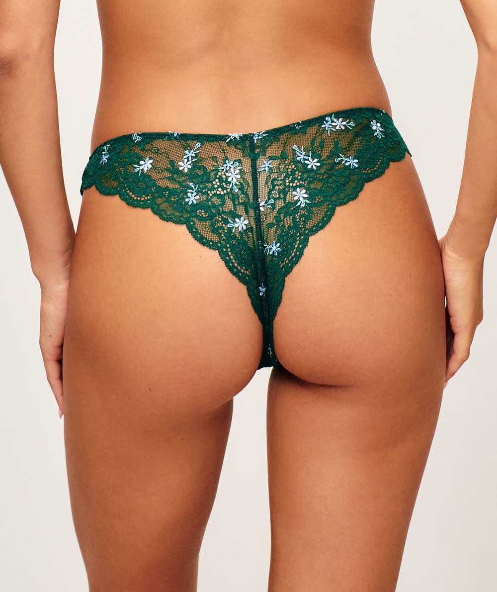Lace thong with floral embroidery;