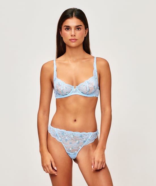 Lace thong with floral embroidery;