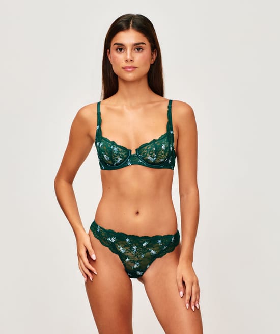 Lace thong with floral embroidery;