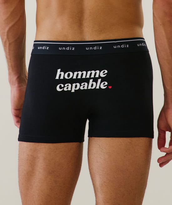Cotton boxer shorts with the phrase &ldquo;homme capable&rdquo; (capable man);