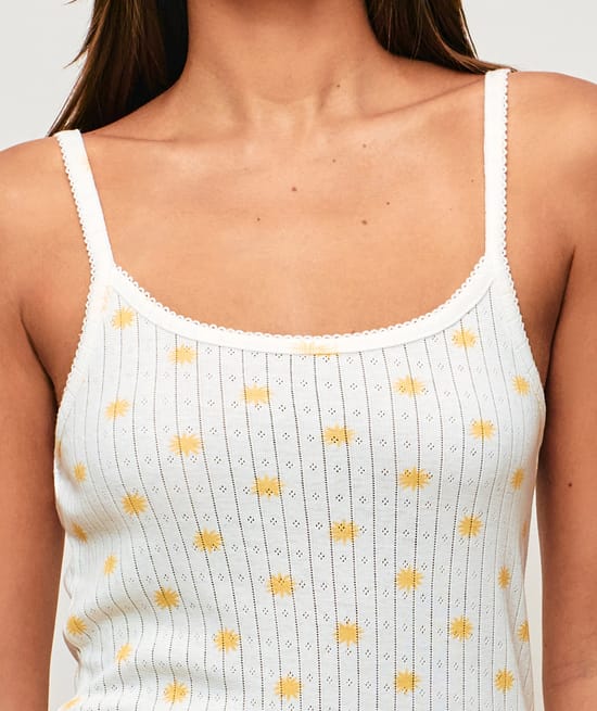 Sun print lace tank top with thin straps;