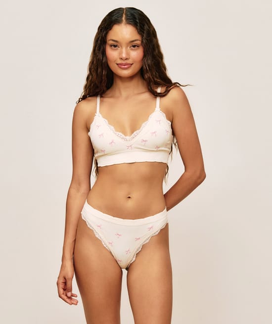 Tanga en seamless et dentelle brod&eacute;e de n&oelig;uds;