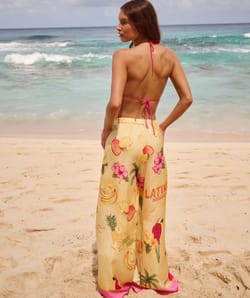 Pantalon satin imprim&eacute; tropical;