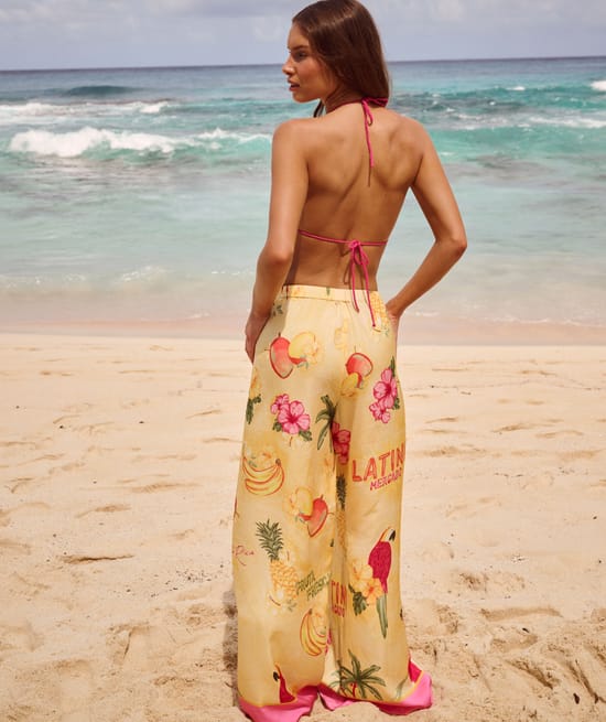 Pantalon satin imprim&eacute; tropical;