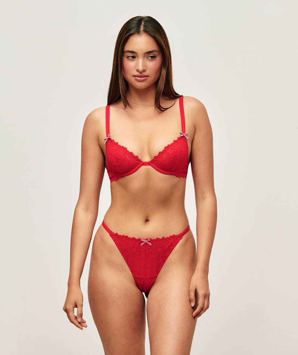 Floral lace bra with red and white gingham bow;