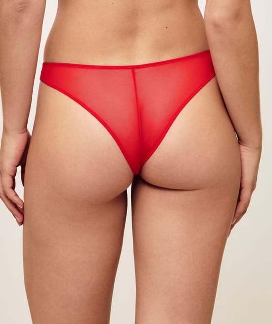 Mesh thong with heart embroidery;