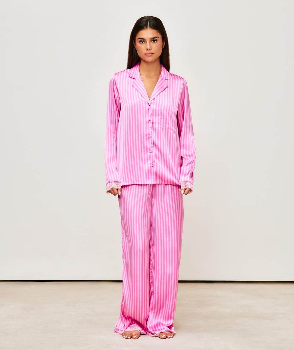 Striped satin trousers;