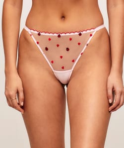Mesh string with embroidered ladybugs and hearts;