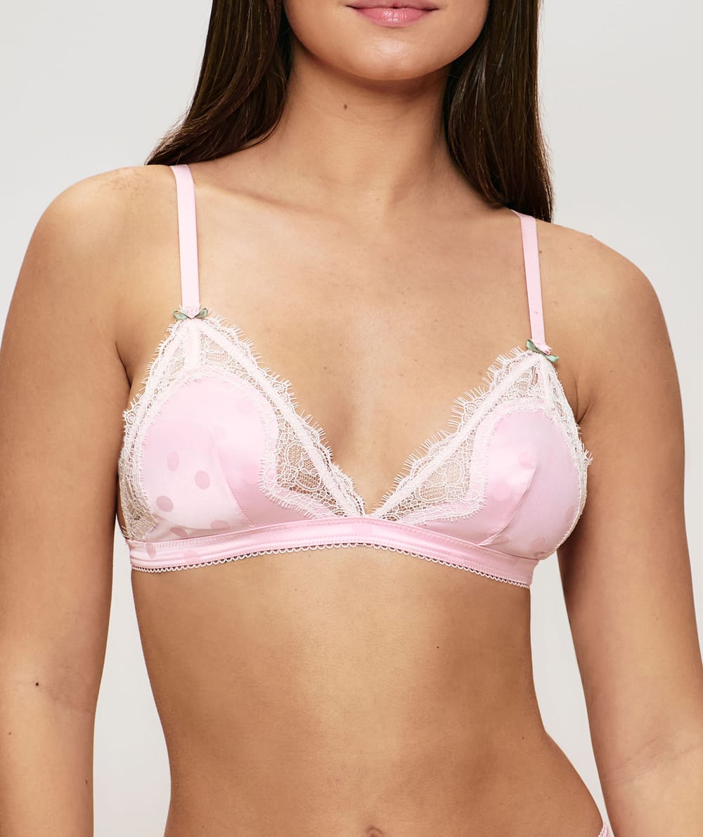 Satin and polka dot lace triangle bra;
