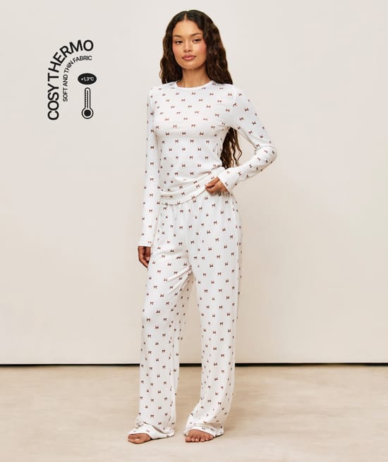 Pantalon en maille thermique motifs n&oelig;uds;