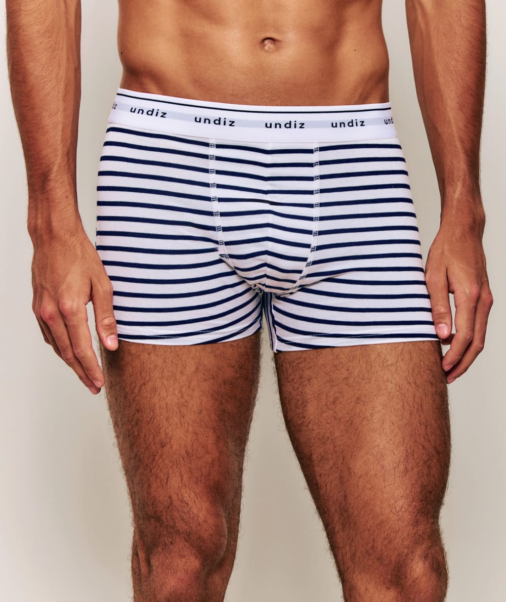 Blue horizontal striped boxer shorts;