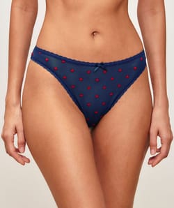 Mesh panties with embroidered hearts;