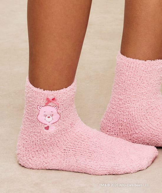 Fluffy knit socks with Care Bears embroidery;