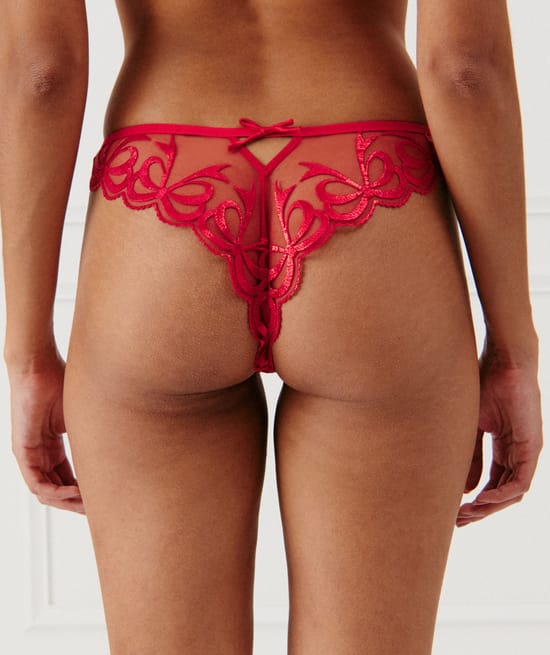 Mesh tanga briefs with embroidery;