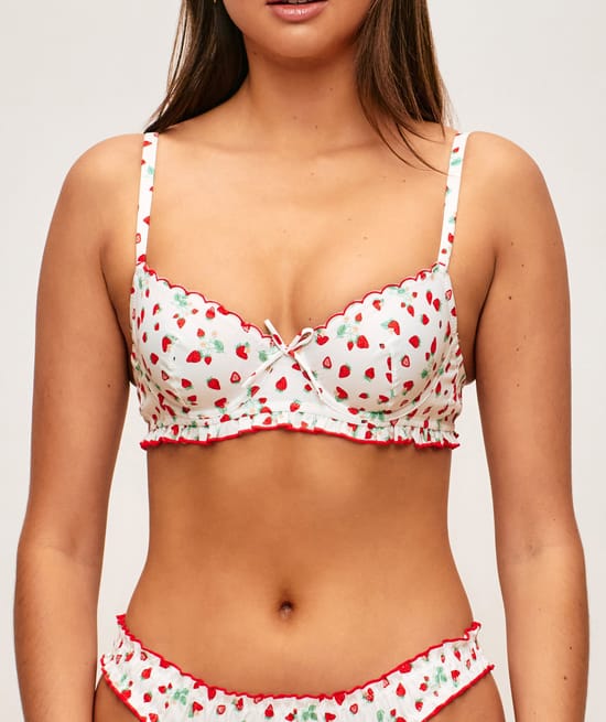 Strawberry print cotton poplin balconette bra;