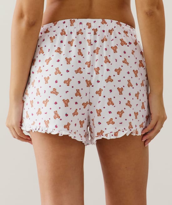 Flannel shorts with teddy bear print;