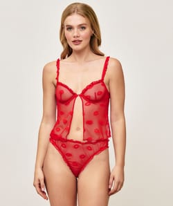 Bustier top in mesh met lippen borduurwerk;