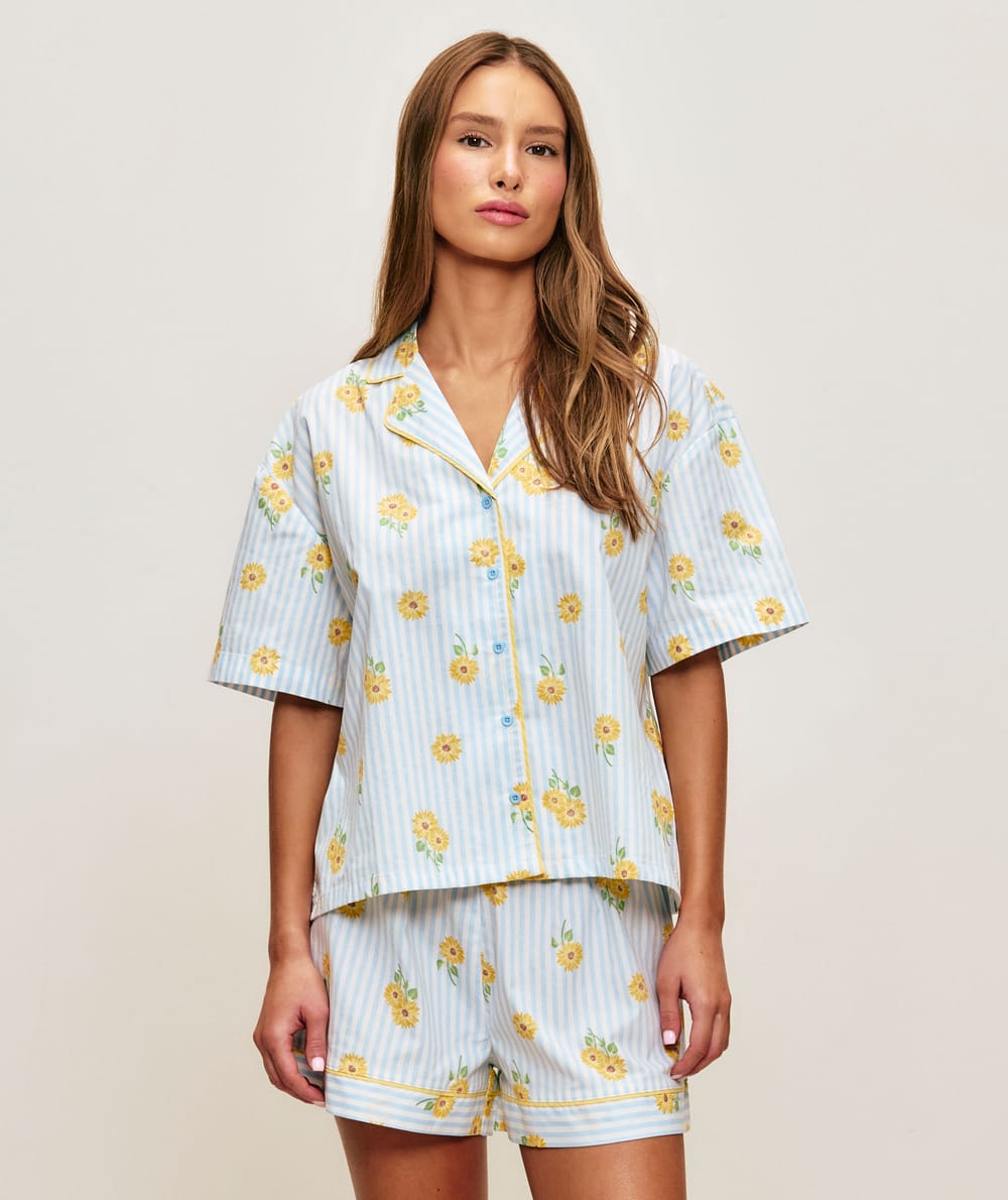 Short en coton imprim&eacute; tournesols;