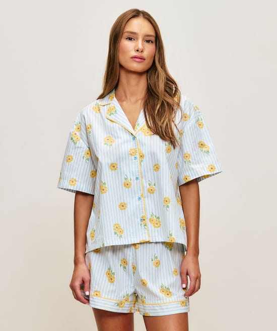 Short en coton imprim&eacute; tournesols;