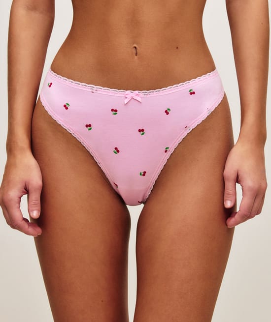 Cotton thong with cherry print;