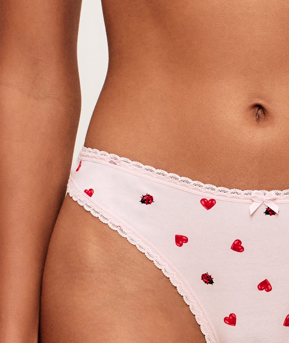 Cotton thong with heart and ladybug patterns;