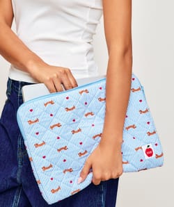 Laptop sleeve with printed dachshunds and stripes;