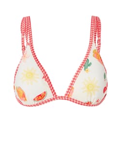 Triangle bikini top with fruit and flower patterns;
