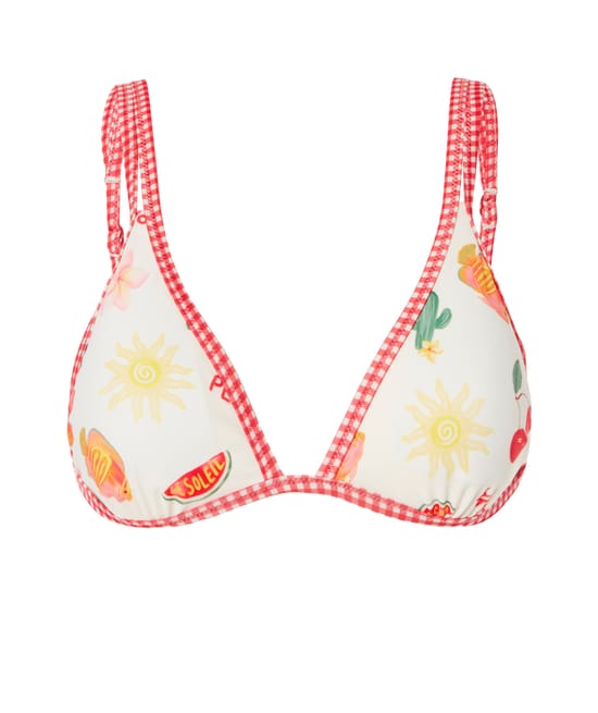 Triangle bikini top with fruit and flower patterns;