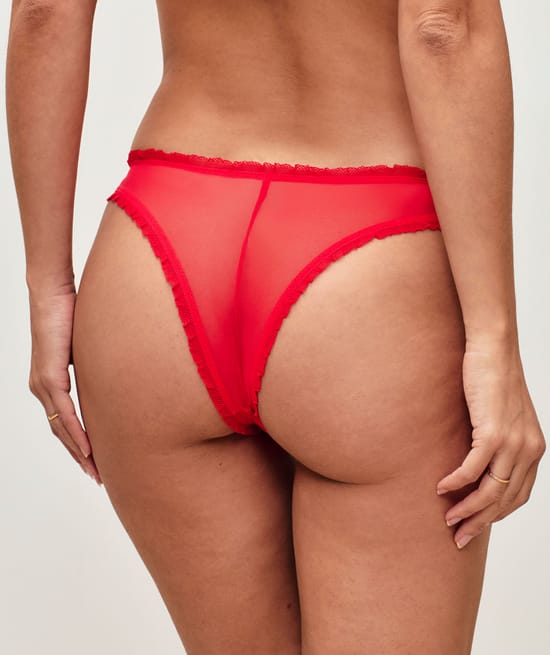 Tulle thong with strawberry embroidery;