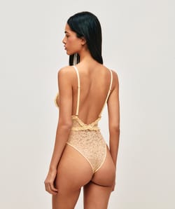 Lace tanga body with embroidered bananas;
